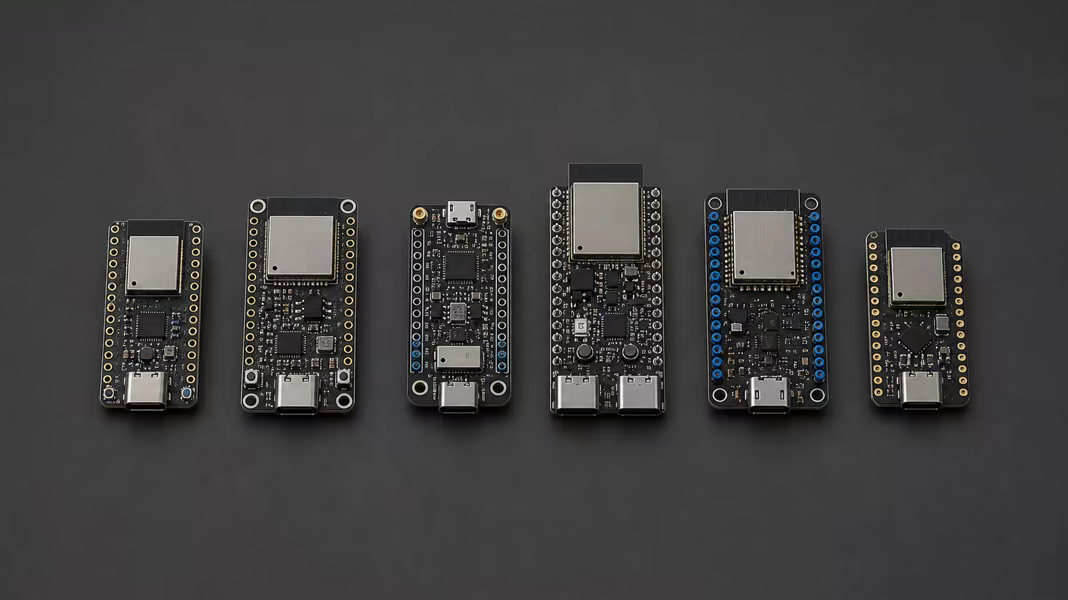 Six supported ESP32 boards arranged in a row