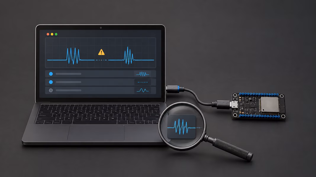 An ESP32 connected to a laptop showing signal diagnostics, with a magnifying glass inspecting a waveform