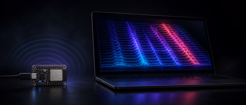 ESP32-C3 beside a laptop displaying a luminous 3D CSI amplitude surface